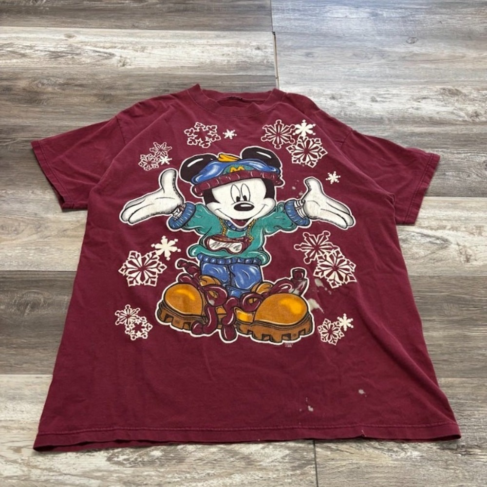 Vintage Disney Red Mens Mickey Mouse Unlimited Ski Snow‎ Winter T-Shirt